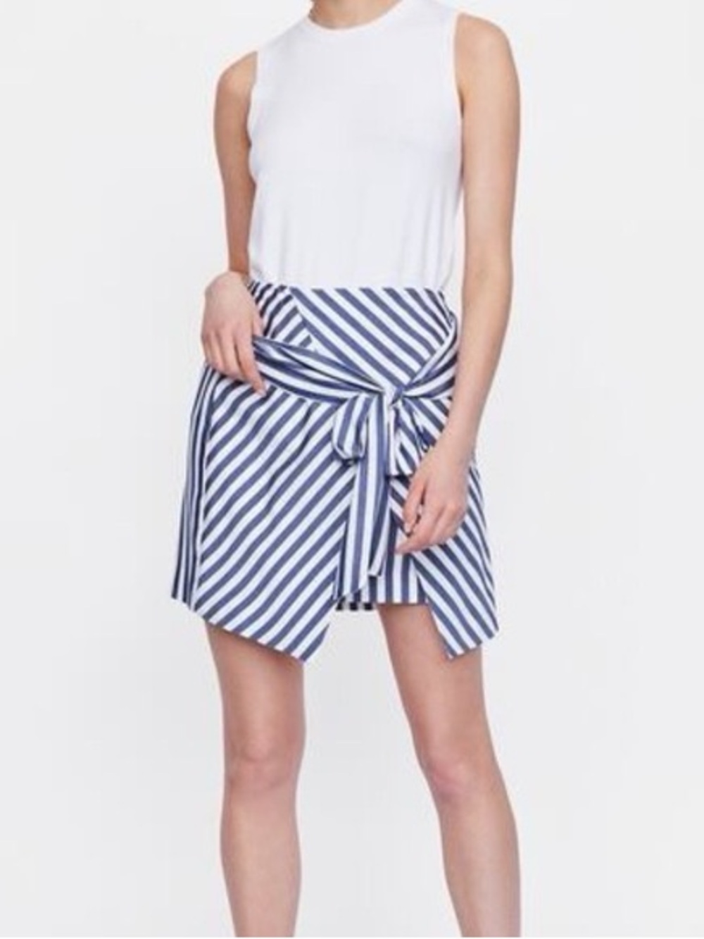 Zara Nautical Striped Faux Wrap Mini Skirt with Waist Tie Bow Navy White Large